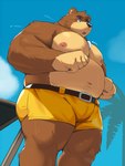 anthro belly bodily_fluids bottomwear brown_body brown_fur clothed clothing detailed_background fur male moobs overweight overweight_male shorts sky solo sweat thick_thighs topless yellow_bottomwear yellow_clothing yellow_shorts bhtoss banjo-kazooie rareware banjo_(banjo-kazooie) bear mammal 2024 3:4 absurd_res hi_res