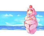 anthro bikini bikini_bottom bikini_top clothing dessert female food hair ice_cream pink_hair sea sky slightly_chubby swimwear two-piece_swimsuit water white_body yellow_eyes lightmizano nintendo pokemon generation_6_pokemon pokemon_(species) slurpuff hi_res