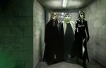 alley anthro black_clothing black_suit clothing eyewear female footwear glasses graffiti group jacket leather leather_clothing leather_jacket leather_topwear male shoes suit suit_and_tie topwear trio sasha_shkip the_matrix canid canine felid fox lion mammal mouse murid murine pantherine rodent 2025 digital_media_(artwork)