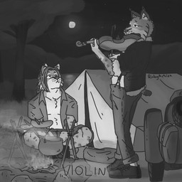 anthro bowed_string_instrument campfire clothing countershade_face countershade_torso countershading duo ear_tuft fur jacket leather leather_clothing leather_jacket leather_topwear light looking_at_another looking_up_at_another male male/male markings moon moonlight motorcycle musical_instrument playing_music playing_violin spots spotted_body spotted_fur string_instrument suspenders tenting topwear tuft vehicle violin ricky_arts eurasian_lynx felid feline humanoid lynx mammal 1:1 2024 black_and_white monochrome signature