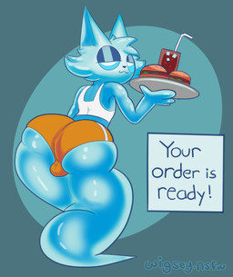anthro big_butt blue_body bottomwear bulge butt clothed clothing crop_top food hooters_uniform looking_at_viewer looking_back male shirt shorts simple_background skimpy solo text thick_thighs topwear waiter sinsxie femboy_hooters hooters jhonny domestic_cat felid feline felis ghost mammal spirit english_text hi_res
