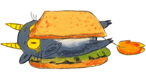 ambiguous_gender anthro black_hooves bread character_prepared_as_food food grey_body hooves horn lettuce lying on_back plant sandwich_(food) simple_background solo tail tail_tuft tuft vegetable whiskers white_background yellow_eyes yellow_horn osier_forest monster 2023 hi_res