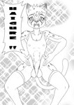 balls blush bulge clothing covered_nipples cursed dancing erection fangs genitals haigure legwear leotard male open_mouth penis swimwear tail teeth thigh_highs joykill joykill_(character) cheetah felid feline mammal hi_res monochrome