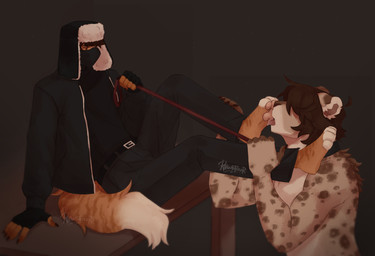 anthro clothed clothing dominant duo fully_clothed fur inside internal leash leash_pull licking male male/male markings nude pawpads paws side_view sitting spots spotted_body spotted_fur striped_body striped_fur stripes tongue trapper_hat rawefour felid feline mammal 2025 digital_drawing_(artwork) digital_media_(artwork) hi_res