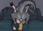 amazon_position anthro athletic balls big_butt big_tail bodily_fluids butt crouching dominant dominant_female duo female female_dominating_male female_on_top female_penetrated from_front_position fur fur_pattern furniture fuzzy_tail genital_fluids genitals grey_body hair huge_butt huge_tail inside light male male/female male_on_bottom male_penetrating male_penetrating_female motion_blur motion_lines multicolored_body multicolored_fur nude on_bottom on_top penetration penis pillow raised_tail rear_view sex sofa spread_legs spreading submissive submissive_male sweat tail twitching vaginal_fluids white_balls wide_hips twistedteeth emille_selachi fari_paredes african_wild_dog canid canine fish hybrid mammal marine shark 2021 hi_res