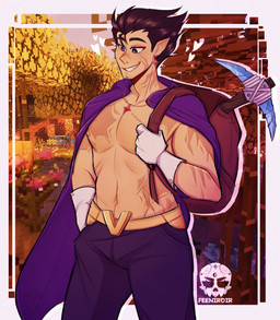 arm_scar arms_bent backpack belt belt_buckle black_bottomwear black_clothing black_eyebrows black_hair black_pants bottomwear brown_backpack buckle cape cheek_scar clothed clothed_humanoid clothed_male clothing ear_piercing eyebrows facial_scar forest gloves grass grey_sky hair hand_in_pocket handwear heart_symbol hearts_around_head holding_backpack humanoid_pointy_ears light logo male male_humanoid navel neck_scar not_furry pants pecs pickaxe piercing plant pockets pointy_ears pupils purple_cape purple_clothing purple_eyes scar screencap screencap_background shirtless_humanoid shirtless_male short_hair sky solo standing star_pupils tan_body tan_skin text toothy_smile tree white_clothing white_gloves white_handwear white_pupils yellow_belt feeniroir microsoft minecraft mojang xbox_game_studios vegetta777 humanoid 2022 artist_logo artist_name colored digital_drawing_(artwork) digital_media_(artwork) hi_res lighting portrait shaded three-quarter_portrait