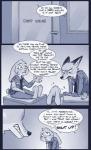 2016 anthro bodily_fluids canid canine clothed clothing comic dialogue disney duo english_text fan_character female fox hi_res july_hopps_(mistermead) lagomorph leporid male mammal nick_wilde pillarbox rabbit red_fox rockbottomfeeder simple_background sweat text torn_clothing true_fox uniform zootopia