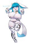 animal_print anthro big_breasts bottle breasts clothed clothing container cow_print cowbell curvy_figure female heart_symbol holding_object huge_breasts legwear looking_at_viewer markings milk_bottle neck_collar simple_background solo spots spotted_markings standing tail text thick_thighs thigh_highs wide_hips tokonuri nintendo pokemon canid eeveelution generation_4_pokemon glaceon mammal pokemon_(species) 2023 3:4 absurd_res hi_res translated