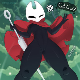 anthro biped black_body blurred_background cloak cloak_lift cloak_only clothing cross-popping_vein detailed_background dialogue exoskeleton featureless_chest female genitals holding_object holding_weapon horn hornet's_needle low-angle_view moss mostly_nude navel non-mammal_navel one_eye_closed plant segmented_body solo text thick_thighs thought_bubble vulva weapon phosenpai hollow_knight_(franchise) team_cherry hornet_(hollow_knight) arthropod 1:1 2025 artist_name hi_res