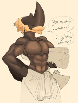 abs anthro arthropod_abdomen axe beard clothed clothing eyes_closed facial_hair horn log male muscular muscular_male mustache pecs smile solo speech_bubble text topless topless_male topwear wood proxicute argle arthropod insect english_text hi_res