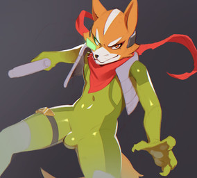 4_fingers anthro biped black_nose bulge clothed clothed_anthro clothed_male clothing fingers fur green_clothing looking_at_viewer male male_anthro multicolored_body multicolored_fur red_clothing solo standing tight_clothing white_body white_fur zero_suit combos-n-doodles metroid nintendo star_fox fox_mccloud canid canine fox mammal hi_res