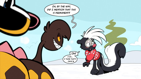after_transformation blush brown_body brown_fur buckteeth dialogue duo eyewear fur glasses implied_transformation living_tail male orange_sclera pink_nose red_nose sharp_teeth skunk_tail smelly smug_expression smug_eyes smug_face smug_grin snow speech_bubble stink_fumes tail tail_head teeth text transformation unusual_anatomy unusual_tail yellow_body yellow_fur trevor-fox nintendo pokemon kyp_(character) trevor-fox_(character) generation_2_pokemon girafarig mammal mephitid pokemon_(species) skunk 16:9 english_text hi_res widescreen nonbinary_(lore)