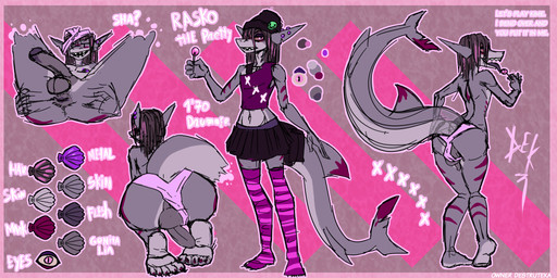 alternative_fashion anthro anus backsack balls big_butt bottomwear butt candy clothed clothing crossdressing dessert erection femboy food footwear foreskin fully_clothed genitals grey_hair hair humanoid_genitalia humanoid_penis long_hair male medium_hair panties penis penis_backwards skirt socks solo spread_butt spreading tail underwear destruteka rakso_(destruteka) aquatic fish shark 2:1 hi_res model_sheet