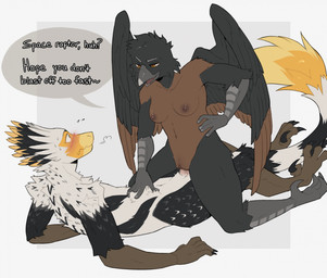 anthro anthro_on_anthro anthro_penetrated anthro_penetrating anthro_penetrating_anthro beak black_body black_feathers bodily_fluids breasts brown_body brown_countershading countershade_torso countershading cowgirl_position dialogue dominant dominant_female duo feathers feet female female_on_top female_penetrated from_front_position genital_fluids genitals hand_on_hip lying male male/female male_on_bottom male_penetrating male_penetrating_female nipples non-mammal_breasts non-mammal_nipples nude on_back on_bottom on_top penetration penile penile_penetration penis penis_base penis_in_vagina power_bottom sex talons teasing text toes vaginal vaginal_fluids vaginal_penetration white_body white_feathers strayserval j_(enoch_1135) yskra avian bird deinonychus dinosaur dromaeosaurid pitohui prehistoric_species reptile scalie theropod 2022 absurd_res english_text hi_res