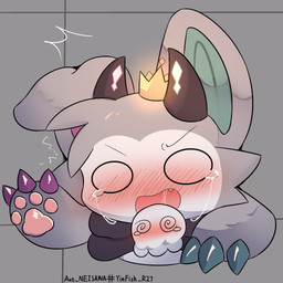 anthro black_horn blush bodily_fluids brush fur grey_body grey_fur heterochromia horn male paws solo stuck tears text neisawa yinfish_r27 devil_connection makemon mythology devilun_(makemon) bat canid canine demon mammal 1:1 hi_res