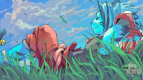 anthro bottomwear clothing cloud eyes_closed lying male on_back pants red_bottomwear red_clothing red_pants sky sleeveless_shirt jeacn onmyou_taisenki kogenta_(onmyou_taisenki) felid mammal pantherine tiger 16:9 widescreen