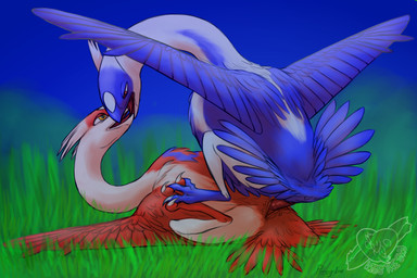 animal_genitalia beak beak_kiss blue_body blue_feathers claws cloaca cloacal cloacal_penetration cloacal_penis duo feathers female feral from_behind_position from_front_position genitals grass_field interlocked_fingers lying male male/female missionary_position mounting on_back penetration penis red_body red_feathers sex simple_background white_body white_feathers peregr1ne nintendo pokemon avian generation_3_pokemon latias latios legendary_pokemon pokemon_(species) 3:2 hi_res