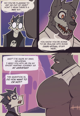 3_panel_comic anthro big_muscles big_pecs black_body black_clothing black_fur black_shirt black_tank_top black_topwear bone clothing dialogue eyewear fur glasses huge_pecs larger_male looking_at_another male muscular muscular_anthro muscular_male nipples pecs scar shirt size_difference skull speech_bubble tank_top text topwear torn_clothing torn_topwear king_slabu adrian_(king_slabu) nolan_(king_slabu) american_opossum canid canine canis domestic_dog mammal marsupial spirit virginia_opossum absurd_res comic english_text hi_res