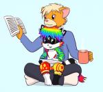 4_ears ambiguous_gender anthro blonde_hair blue_border border clothed clothing coffee_mug container cup drawing duo featureless_crotch footwear fur gloves_(marking) hair heterochromia holding_container holding_cup holding_object leg_markings legwear markings multi_ear multicolored_body multicolored_fur multicolored_hair multicolored_tongue nude orange_body orange_fur rainbow_body rainbow_fur rainbow_hair rainbow_tongue reading red_eyes simple_background socks socks_(marking) sparklefur tongue young young_ambiguous young_anthro musuko42 musuko_(character) ooo_(oooeygoooey) domestic_cat felid feline felis mammal 2014