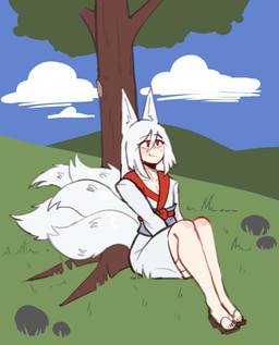 5_tails animal_ears asian_clothing clothed clothed_humanoid clothed_male clothing cloud day detailed_background east_asian_clothing footwear front_view geta grass hair japanese_clothing kimono male mouth_closed multi_tail outside plant red_eyes rock sandals shoes sitting sky smile solo tail tree derpyfox_36 kazy_(swadloon2) animal_humanoid canid canid_humanoid canine canine_humanoid fox_humanoid humanoid mammal mammal_humanoid 2023 absurd_res digital_media_(artwork) full-length_portrait hi_res portrait