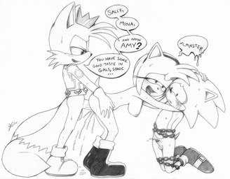 abdominal_bulge anthro bent_over big_penis blush blush_lines bodily_fluids bottomless bound breasts butt chain chained clothed clothing crown cuckold cum cum_in_vagina cum_inside dialogue erection female from_behind_position fucked_silly genital_fluids genitals group group_sex hand_on_another's_butt hand_on_butt headgear humiliation looking_pleasured male male/female male_penetrating penetration penis penis_humiliation penis_size_difference sex small_penis small_penis_humiliation text thin_calves thin_legs thin_thighs threesome trio vaginal vaginal_penetration voyeur excito sega sonic_the_hedgehog_(series) amy_rose miles_prower sonic_the_hedgehog canid canine eulipotyphlan fox hedgehog mammal english_text graphite_(artwork) hi_res monochrome traditional_media_(artwork)
