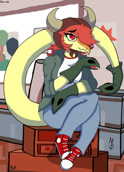 anthro bottomwear breasts clothing fake_horns female footwear hair hair_over_eye hand_puppet hat headgear headwear inside jacket long_tail one_eye_obstructed pants plantigrade puppet red_eyes red_hair scales shirt shoes sitting smile sneakers snout solo tail tan_body tan_scales topwear deuskcalb cavemanon_studios chuck_taylor_all_stars converse puppet_pals snoot_game schizo_chan_(snoot_game) compsognathid compsognathus dinosaur prehistoric_species reptile saurischian scalie theropod 2024 absurd_res colored hi_res shaded