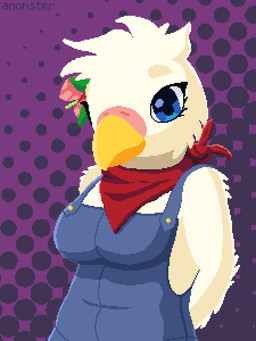 accessory anthro beak blue_clothing blue_eyes blue_overalls cere_(anatomy) clothing eyelashes feathers female flower flower_in_hair hair hair_accessory halftone_background head_tilt head_tuft hibiscus kerchief overalls overalls_only pattern_background plant purple_background red_kerchief simple_background solo tuft white_body white_feathers yellow_beak anonster avian bird budgerigar loriine parakeet parrot true_parrot 3:4 digital_media_(artwork) halftone hi_res pixel_(artwork) watermark