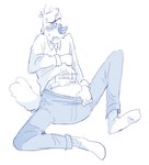 anthro blush bodily_fluids bottomwear clean_diaper clothed clothing collared_shirt denim denim_bottomwear denim_clothing diaper diaper_under_clothing embarrassed footwear frown jeans male pants simple_background socks solo sweat sweatdrop wearing_diaper white_background slusheep kermit_(slusheep) canid canine canis domestic_dog mammal poodle hi_res monochrome