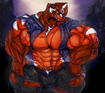 anthro big_bulge big_muscles big_pecs body_hair bottomwear bulge chest_hair clothing ear_piercing eyewear front_view fur glasses grin hand_on_hip huge_bulge huge_muscles huge_pecs hyper hyper_muscles looking_at_viewer male markings muscular night pants pecs piercing red_body red_fur shirt smile solo standing topwear torn_bottomwear torn_clothing torn_pants torn_shirt torn_topwear veiny_muscle white_markings yellow_eyes fierglief fierglief_(character) canid canine fox mammal werecanid werecanine werecreature werefox 2021 absurd_res hi_res