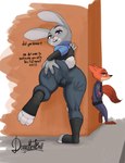 against_surface against_wall anthro big_butt big_ears bodily_fluids bulletproof_vest butt canid canine clothing dialogue disney doggomeatball duo english_text eyewear female footwear fox genital_fluids green_eyes grey_body hi_res judy_hopps lagomorph leporid looking_at_viewer looking_back looking_back_at_viewer male mammal nick_wilde orange_body police police_uniform presenting presenting_hindquarters purple_eyes pussy_juice_through_clothing rabbit red_fox short_stack spread_butt spreading sunglasses text tight_clothing toeless_footwear true_fox uniform vaginal_fluids wet wet_clothing wide_hips zootopia