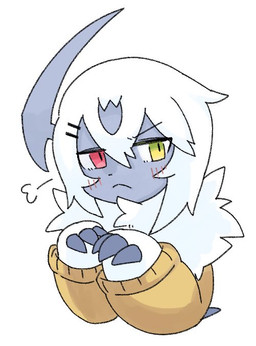 ambiguous_form ambiguous_gender blush blush_lines claws clothing finger_claws fur grey_face grey_horn horn multicolored_eye simple_background solo sweater topwear white_background white_body white_fur yakiniku628 nintendo pokemon absol generation_3_pokemon pokemon_(species) colored half-length_portrait portrait