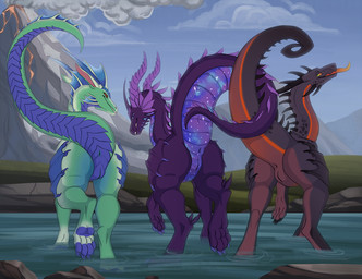 bedroom_eyes butt feet female female/female female_feral feral genitals group hindpaw lidded_eyes lineup looking_back membrane_(anatomy) membranous_wings narrowed_eyes partially_submerged paws presenting presenting_hindquarters presenting_vulva quadruped raised_tail rear_view seductive side_by_side smile tail tail_coil take_your_pick teasing teasing_viewer toes tongue tongue_out trio vulva wings raota mythology kalinda_(dark_dragon2694) listria_(listria-dragoness) dragon mythological_creature mythological_scalie scalie digital_drawing_(artwork) digital_media_(artwork)