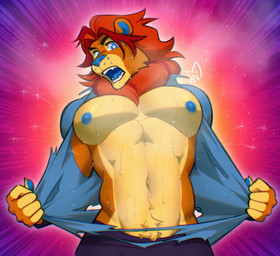 anthro areola athletic athletic_anthro athletic_male blue_eyes blue_inner_ear blue_nipples blue_nose blue_pawpads bodily_fluids body_hair clothed clothing fangs fingers fur hair happy_trail heat_(temperature) looking_at_viewer male mane muscular muscular_anthro muscular_male neck_tuft nipples open_mouth orange_body overheated overheating partially_clothed pawpads pecs pecs_focus red_hair red_mane solo standing sweat sweaty_body tan_body tearing_clothing tearing_own_clothing tearing_topwear teeth tongue topwear torn_clothing tuft undressing nidraw indigo_park lloydford_l._lion felid feline felis lion mammal pantherine hi_res