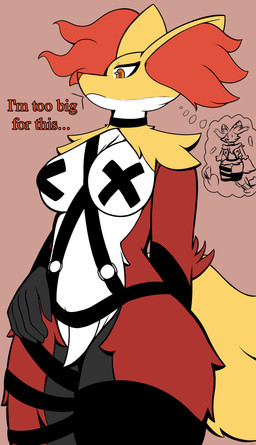 anthro arm_tuft big_breasts black_body black_fur breasts brown_background choker eyelashes female female_anthro front_view fur inner_ear_fluff jewelry leather leather_strap necklace nipple_tape orange_body orange_eyes orange_fur orange_nose pasties red_body red_fur shoulder_tuft simple_background solo straps tape text thick_thighs thought_bubble tuft white_body white_fur wide_hips yellow_body yellow_fur rayleigh_fortune nintendo pokemon delphox generation_6_pokemon pokemon_(species) absurd_res hi_res