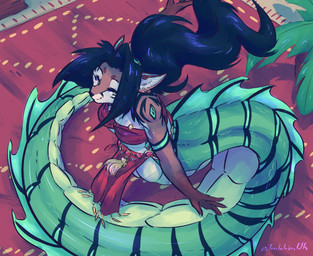 anthro apode black_hair breasts female gold_(metal) gold_jewelry green_body green_eyes green_scales hair high-angle_view jewelry legless palm_tree plant scales serpentine smile solo split_form tree trololohstuffs runki canid canine draconcopode fox hybrid lamia mammal reptile scalie snake 2021 hi_res