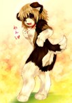 anthro biped blonde_hair blush breasts fangs female hair heart_symbol pawpads paws short_hair side_boob solo standing tail teeth text tetetor-oort marie_(tetetor-oort) canid canine canis domestic_dog mammal japanese_text translated