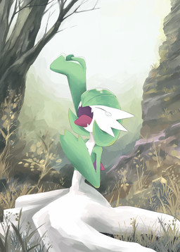 ambiguous_gender bodily_fluids eyes_closed fangs grass green_pseudo_hair one_eye_obstructed open_mouth plant pseudo_hair solo tears teeth tired tongue tongue_out tree white_body yawn yawning_position beetrap nintendo pokemon gardevoir generation_3_pokemon humanoid pokemon_(species) 2026