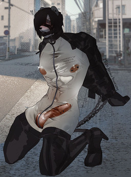 alternative_fashion anthro armbinder ball_gag balls binder_(restraint) black_hair bodysuit bondage_gear boots bulge clothing collar detailed_background emo eye_bags footwear fur gag gagged genitals hair hands_behind_back high_heeled_boots high_heels kneeling latex latex_clothing latex_skinsuit legwear male male_anthro muzzle_(object) muzzle_gag muzzled nipple_piercing nipples penis piercing public public_nudity restraints shoes skinsuit solo submissive submissive_anthro submissive_male thigh_boots thigh_highs tight_clothing translucent translucent_clothing white_body white_fur milkbearbunny bunny_(milkbearbunny) bear mammal hi_res