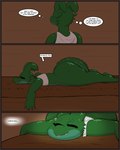 2021 3_toes 4:5 4_fingers anthro big_butt bottomless bottomless_female butt circle_eyebrows clothed clothing comfortable comic cute_fangs english_text eyebrows eyelashes eyes_closed feet female fingers flat_chested green_body green_horn green_scales hi_res horn huge_butt kobold lagotrope lying on_front open_mouth scales shirt solo text thought_bubble three_frame_image toes topwear white_clothing white_shirt white_topwear