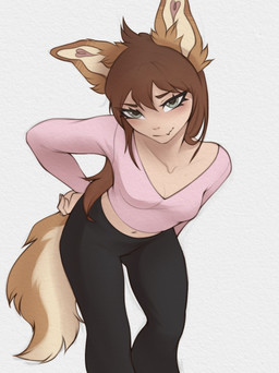 bottomwear breasts brown_hair brown_tail clothed clothed_female clothed_humanoid clothing female fingers front_view fully_clothed fully_clothed_female fully_clothed_humanoid green_eyes hair inner_ear_fluff navel simple_background smile solo standing tail topwear tuft yshanii cotton_(yshanii) humanoid 2026 absurd_res digital_drawing_(artwork) digital_media_(artwork) hi_res