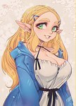 blonde_hair breasts cleavage clothed clothing ear_piercing ear_ring female green_eyes hair humanoid_pointy_ears light_body light_skin long_hair looking_at_viewer not_furry piercing pointy_ears ring_piercing smile solo triforce gofa nintendo the_legend_of_zelda princess_zelda elf humanoid 2023 hi_res