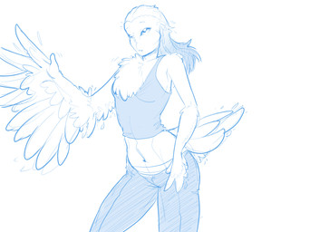 bodily_fluids bottomwear breasts chest_tuft clothing feathers female hair navel non-mammal_breasts pants shirt simple_background solo surprised sweat sweatdrop tank_top topwear transformation tuft white_background wings lillymoo avian barn_owl bird owl tyto tytonid 2015 absurd_res blue_and_white hi_res monochrome