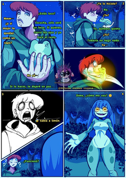 angry anthro big_hands blue_hair breasts clothing cross-popping_vein duo empty_eyes featureless_breasts featureless_crotch female female_anthro female_feral feral feral_to_anthro forest freckled_face freckles green_body green_clothing green_hoodie green_topwear hair hoodie horizontal_pupils kissing long_hair male male_human medium_breasts night open_mouth outside plant pupils question_mark red_hair shrub sky smile standing text topwear transformation tree wide_hips yellow_eyes alfonso_memes_inojosa amphibian frog human mammal toad_(frog) comic hi_res spanish_text translation_request