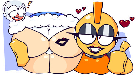 assisted_exposure bedroom_eyes big_butt black_lipstick blue_background blush blushing_profusely breasts butt butt_focus clothing coat crossgender cutaway duo exclamation_point expression_cutaway female female/female flustered gesture glistening_eyelids hand_gesture heart_symbol kiss_mark_on_butt light_body light_skin lips lipstick lipstick_on_butt looking_at_viewer machine makeup mtf_crossgender narrowed_eyes not_furry panties presenting presenting_hindquarters seductive simple_background thick_lips thumbs_up topwear underwear white_clothing white_panties white_underwear wide_eyed nocklepie capcom mega_man_(series) bomb_man ice_man_(mega_man) humanoid robot robot_humanoid robot_master 2023 digital_drawing_(artwork) digital_media_(artwork) signature