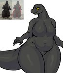 anthro big_breasts breasts crossgender featureless_breasts female genitals huge_thighs non-mammal_breasts nude pussy solo tail thick_tail thick_thighs thigh_gap voluptuous_anthro voluptuous_female wide_hips yellow_eyes tozamtr godzilla_(series) toho godzilla kaiju reptile scalie 2024 absurd_res hi_res reference_image