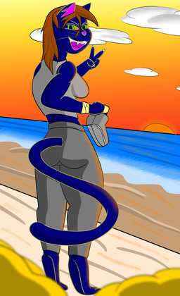 anthro beach clothing female footwear gesture hand_gesture shoes shoes_removed smile smiling_at_viewer solo sunset v_sign baristagamerproductions phoebe_(gem_hunters) felid feline mammal absurd_res hi_res