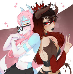 alternative_fashion anthro blep blue_body blue_fur clothed clothing crown demonic duo eyewear female fur glasses goth hair headgear highlights_(coloring) horn light_blush lipstick looking_at_viewer makeup pink_hair pose red_eyes simple_background spade_tail spikes tail tongue tongue_out wings yellow_eyes pugsbubbi ces canid canine demon fox human mammal absurd_res hi_res trans_(lore) trans_woman_(lore)