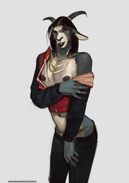 5_fingers abstract_background alternative_fashion anthro areola bedroom_eyes biped black_nipples body_hair bottomwear bottomwear_pull bovid_horn caprine_horn chain chest_hair clothed clothing clothing_around_waist clothing_pull denim denim_clothing denim_topwear denim_vest eyeshadow eyeshadow_makeup femboy fingers goat_horn grey_body hair hand_in_pants horn jewelry looking_at_viewer makeup male male_anthro narrowed_eyes navel necklace nipples open_clothing open_mouth open_shirt open_topwear pants pants_chain pants_pull patched_clothing piercing pose punk punk_hair removing_shirt rock_(genre) seductive seductive_mouth serving shadow shirt shirt_around_waist short_hair shorthair simple_background solo teeth topwear vest white_background purplebirdman simon_(purplebirdman) bovid caprine goat mammal 2026 colored_sketch digital_media_(artwork) digital_painting_(artwork) hi_res painting_(artwork) portrait shaded sketch three-quarter_portrait