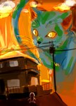 building cloud dusk electrical_wire feral fur green_body green_fur house pupils slit_pupils sunset utility_pole yellow_eyes asanomihaziketa koshinism chinfe domestic_cat felid feline felis mammal penis_creature hi_res