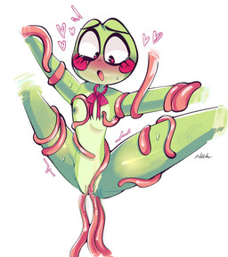 anthro blush bodily_fluids eyelashes female flat_chested genital_fluids genitals green_body green_nipples heart_eyes heart_symbol nipples nude nude_anthro nude_female open_mouth penetration red_eyes ribbon_only sex simple_background solo tentacle_penetration tentacle_sex tentacles vaginal vaginal_fluids vaginal_penetration vulva white_background cyberk1ttie glitch_productions the_amazing_digital_circus ribbit_(tadc) amphibian frog 2026 digital_media_(artwork) hi_res